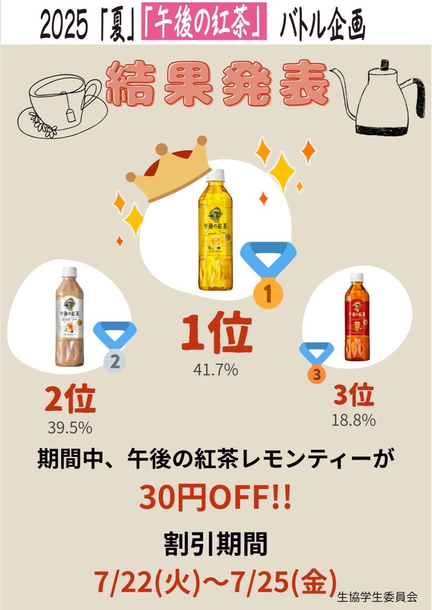 GunmaGI's tweet photo. 7/22(火)〜7/25(金)の間、午後の紅茶レモンティーは30円引きとなります！ https://t.co/67AbRv3wqy
