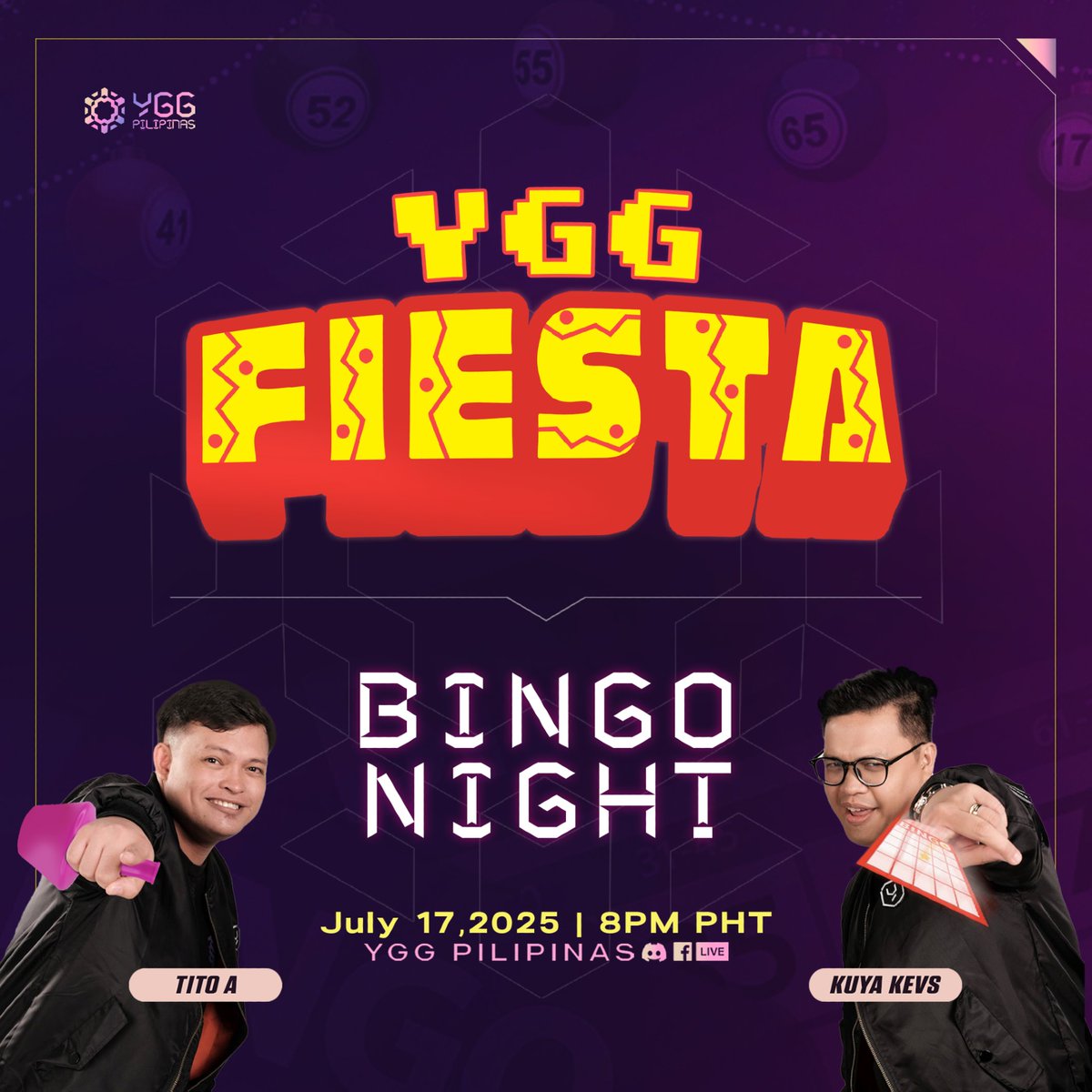 Warning: This bingo night may cause extreme happiness and sudden wins! 💥

Are you ready to shout BINGO?! 🎯 Join us for a night full of laughter, prizes, and pure fun at YGG Fiesta Bingo Night! 🥳

📅 July 17, 2025
⏰ 8:00PM PHT
📍 Facebook, X, Discord, Abstract