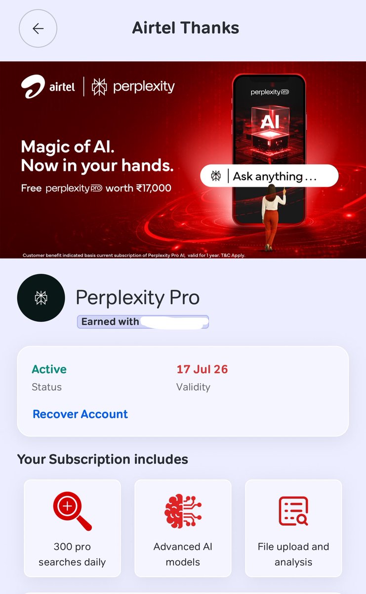 AadityaYuvraj's tweet image. Airtel Users will now get Free @perplexity_ai Pro Subscription for 1 year.
This is awesome @AravSrinivas !!