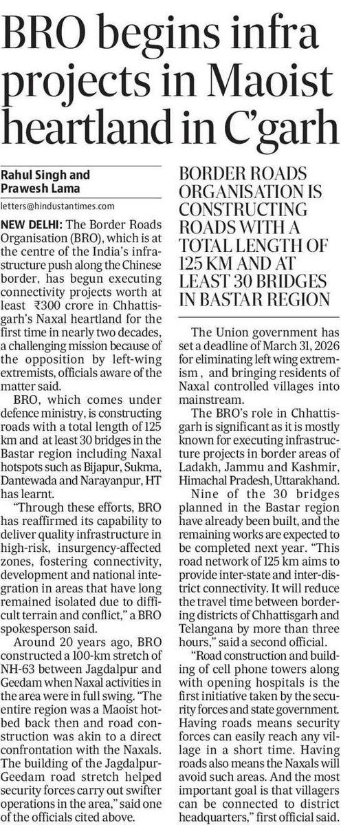 rahulsinghx's tweet image. The BRO, which is at the centre of India’s infrastructure push along the Chinese border, has begun executing connectivity projects worth at least Rs 300 crore in Chhattisgarh’s Naxal heartland for the 1st time in two decades. Reporting with @LamaPrawesh.

hindustantimes.com/india-news/bro…