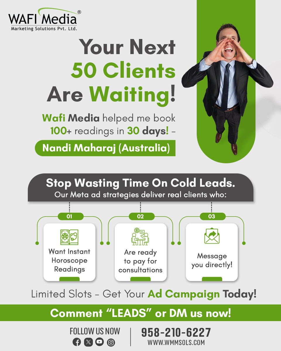 Your next 50 clients are waiting! 

Wafi Media helped book 100+ readings in just 30 days! 

Stop chasing cold leads—get real clients who message you directly.

💬 Comment “LEADS” or DM us now!
📞 958-210-6227
🌐 wmmsols.com

#LeadGeneration #DigitalMarketing #MetaAds