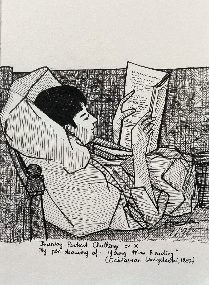 shawnellian's tweet image. Thursday #PortraitChallenge @StudioTeaBreak 
My #pendrawing of: &quot;Young Man Reading&quot; (Octavian Smigelschi, 1892)

#art #hatching #portrait #portraitthursday #drawing #traditionalart #dailysketchbook #artmoots #artcommunity
