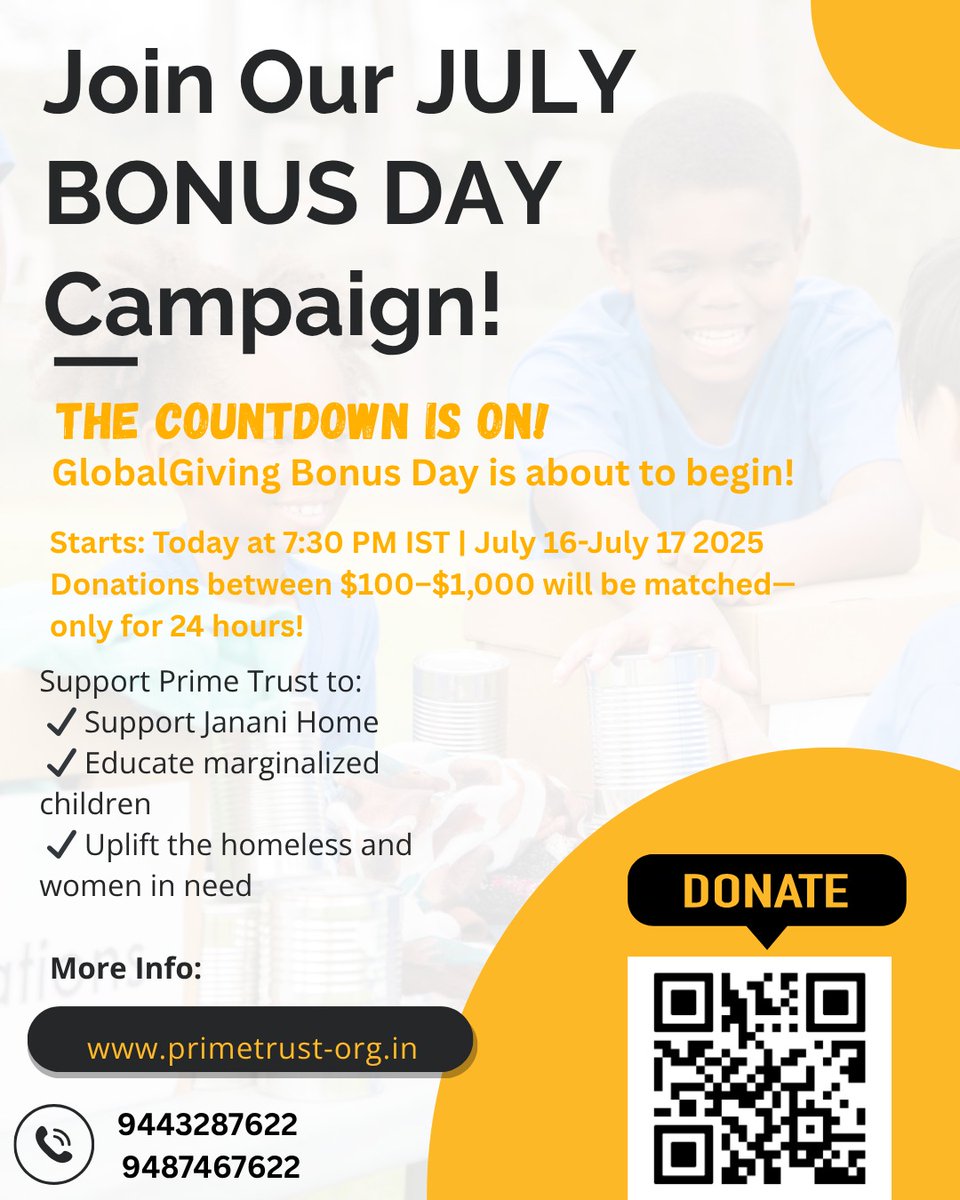 akshayashg2010's tweet image. 🎉 Bonus Day is LIVE – July 16–17!
⏳ 24 hrs only! Gifts from $100–$1,000 will be matched by @GlobalGiving.
Support Prime Trust’s mission to:
🏠 Renovate Janani Home
📚 Educate kids
💪 Empower women &amp;amp; the homeless
👉 globalgiving.org/donate/8675/pr…
#BonusDay  #akshayashgsconfederation