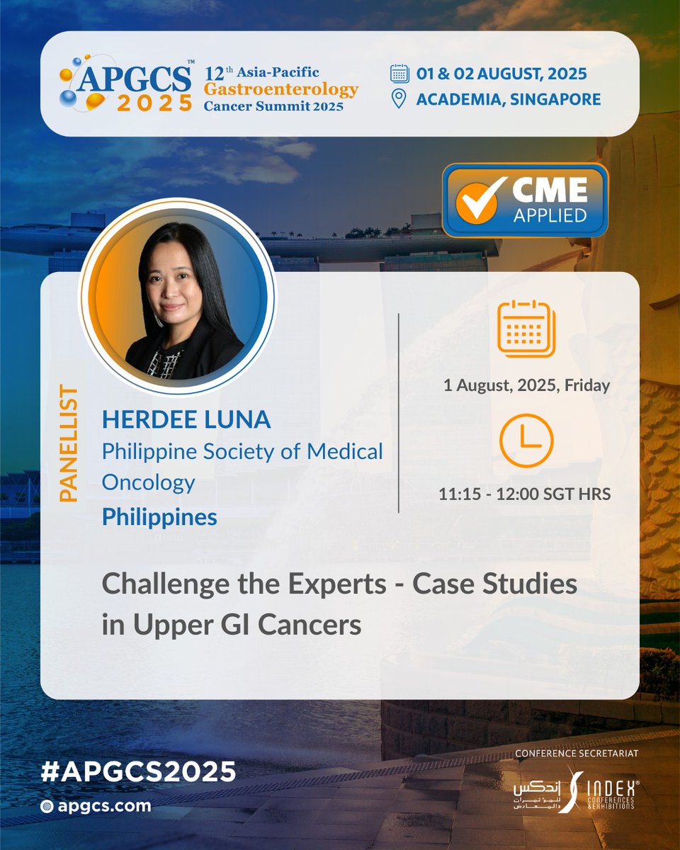 Join Dr. <a href="/herdeeluna/">Herdee Luna 🇵🇭</a> (Philippine Society of Medical Oncology) at #APGCS2025 for Challenge the Experts – Upper GI Cancers.

🗓️ 1 Aug | ⏰ 11:15–12:00 SGT
🔗 Register now: apgcs.com/register-for-a…

#GIOncology #CancerCare #MedicalConference #UpperGICancer