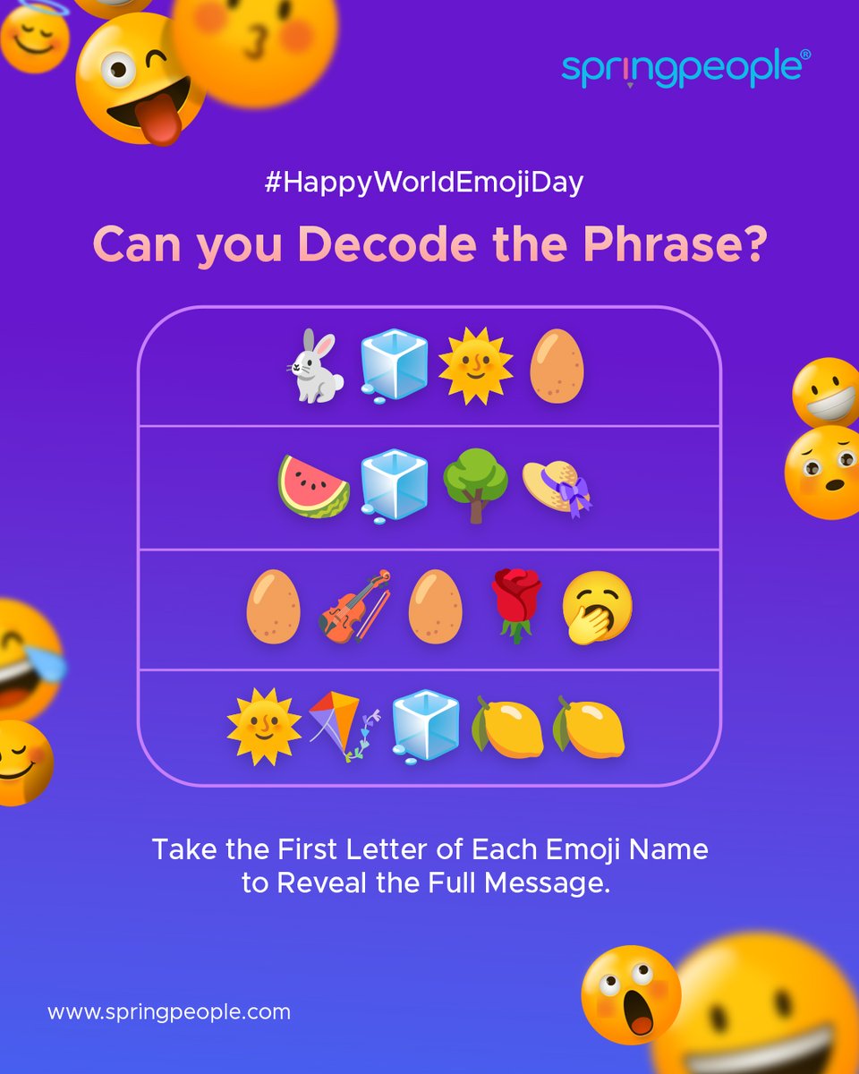 SpringPeople_SP's tweet image. Drop your answers 👇
docs.google.com/forms/d/e/1FAI…

Upskilling is a journey, and we see every emotion along the way. Use the first letter of each to reveal the hidden phrase - something we help learners achieve every day.

#WorldEmojiDay #DecodeTheMessage #SpringPeople #HiddenMeaning