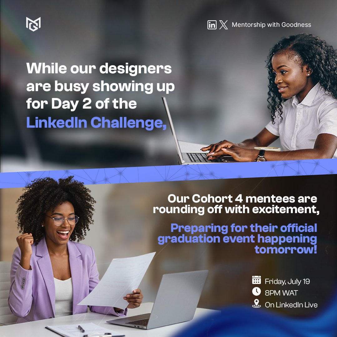 MentorshipWG's tweet photo. Designers in the community are posting daily. Mentees are rehearsing for graduation.
Growth is happening everywhere
Tomorrow, our Cohort 4 mentees graduate on LinkedIn Live!
๐
Friday, July 18 ๐ 8PM WAT, Register here โ
https://t.co/5iHGvkanpn
#MWGCommunity #MWG #UXDesign https://t.co/H3vfhr8EKC