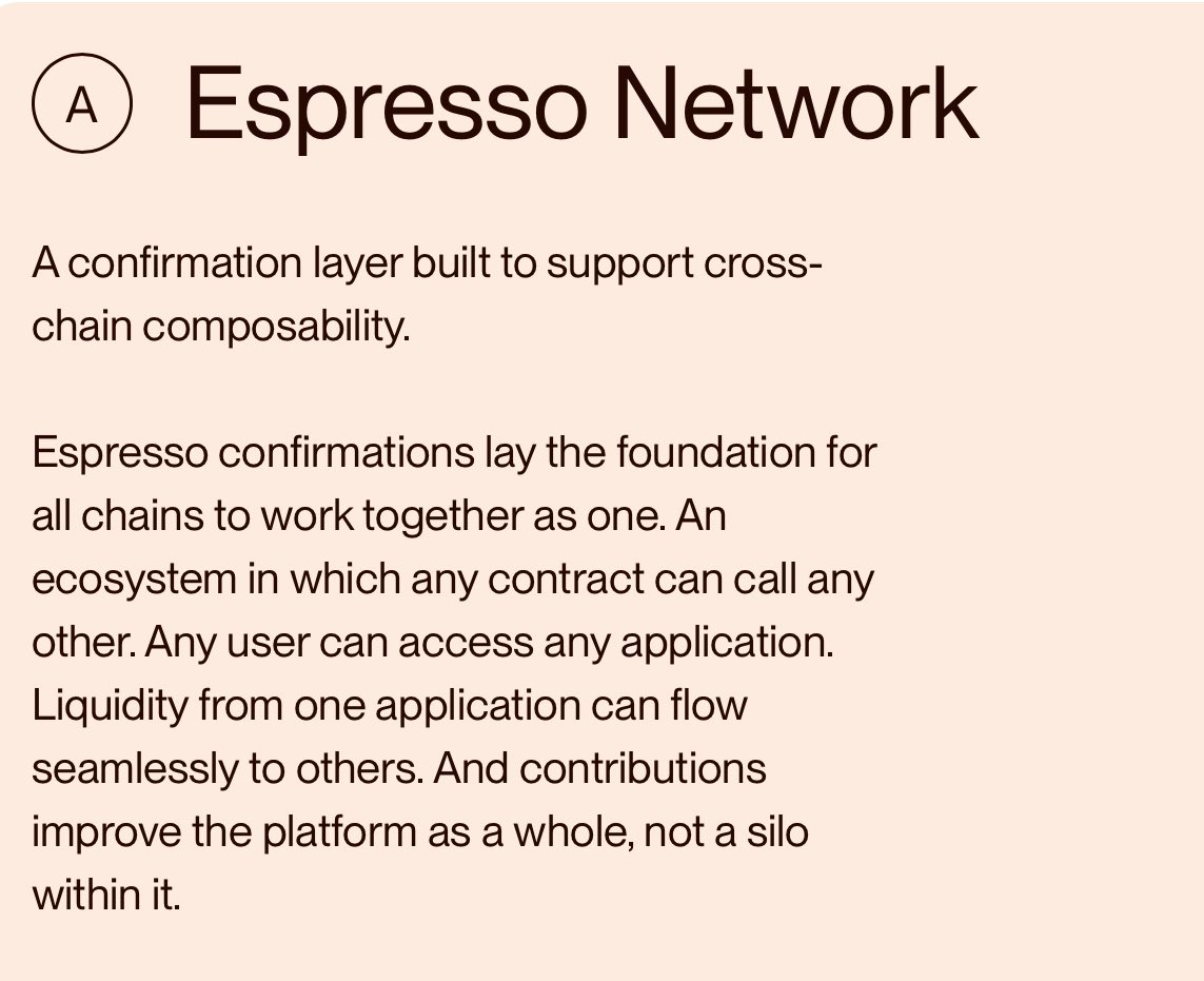 Hormoz_persian's tweet image. 🚀 Discover @EspressoSys Network – a confirmation layer designed for cross-chain composability.
With Espresso, all chains work as one. Contracts call each other, users access any app, and liquidity flows freely.
A truly unified ecosystem. ☕🌐  #Blockchain #EspressoNetwork