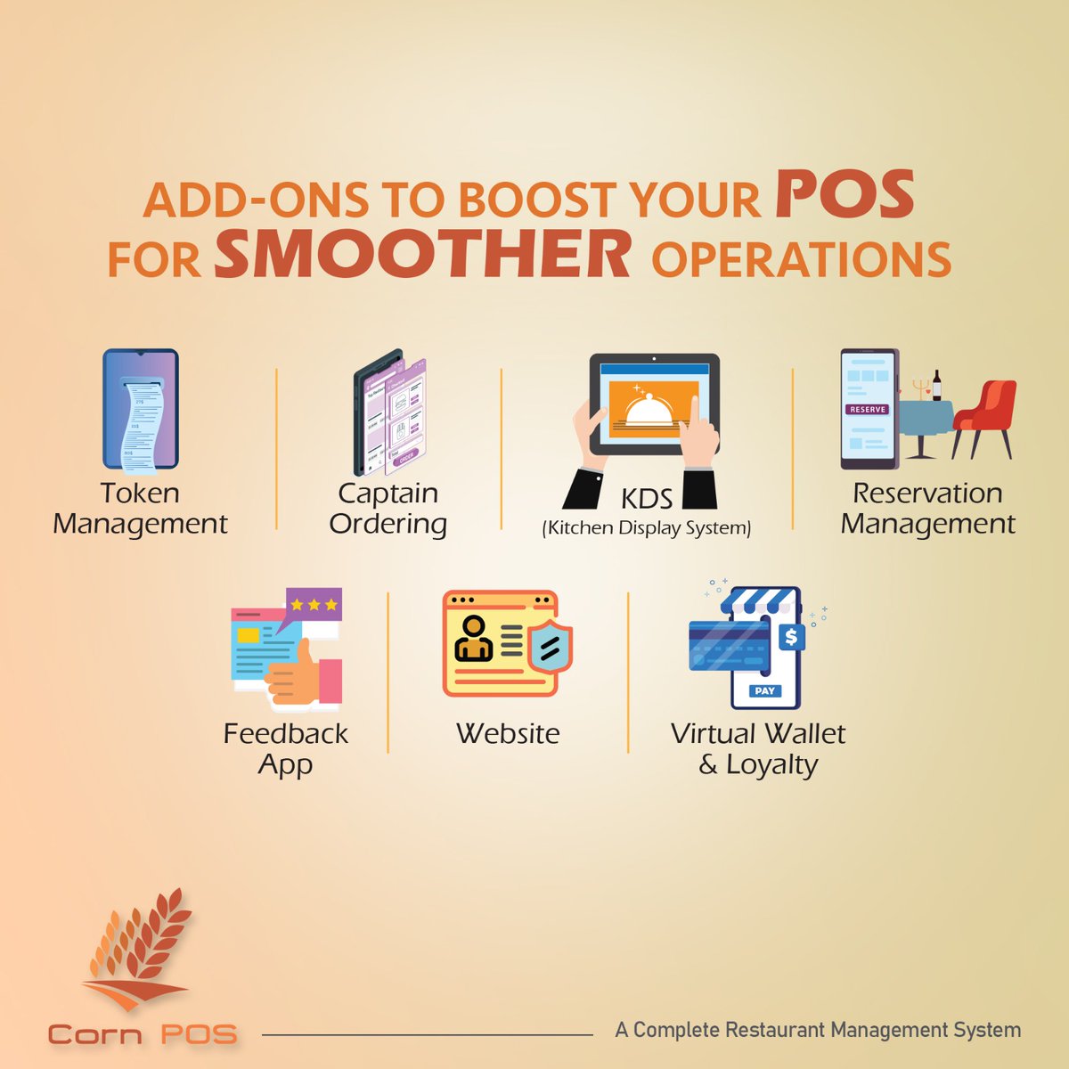 CORN_POS's tweet photo. 🚀 Boost your restaurant’s performance with powerful CornPOS add-ons!
✅ Token Management
✅ Caption Ordering
✅ KDS (Kitchen Display System)
✅ Table Reservations
✅ Feedback App
✅ Website Integration
Add more control, speed &amp; efficiency to your operations!
#CornPOS #SmartPOS https://t.co/8yms3n0Wse