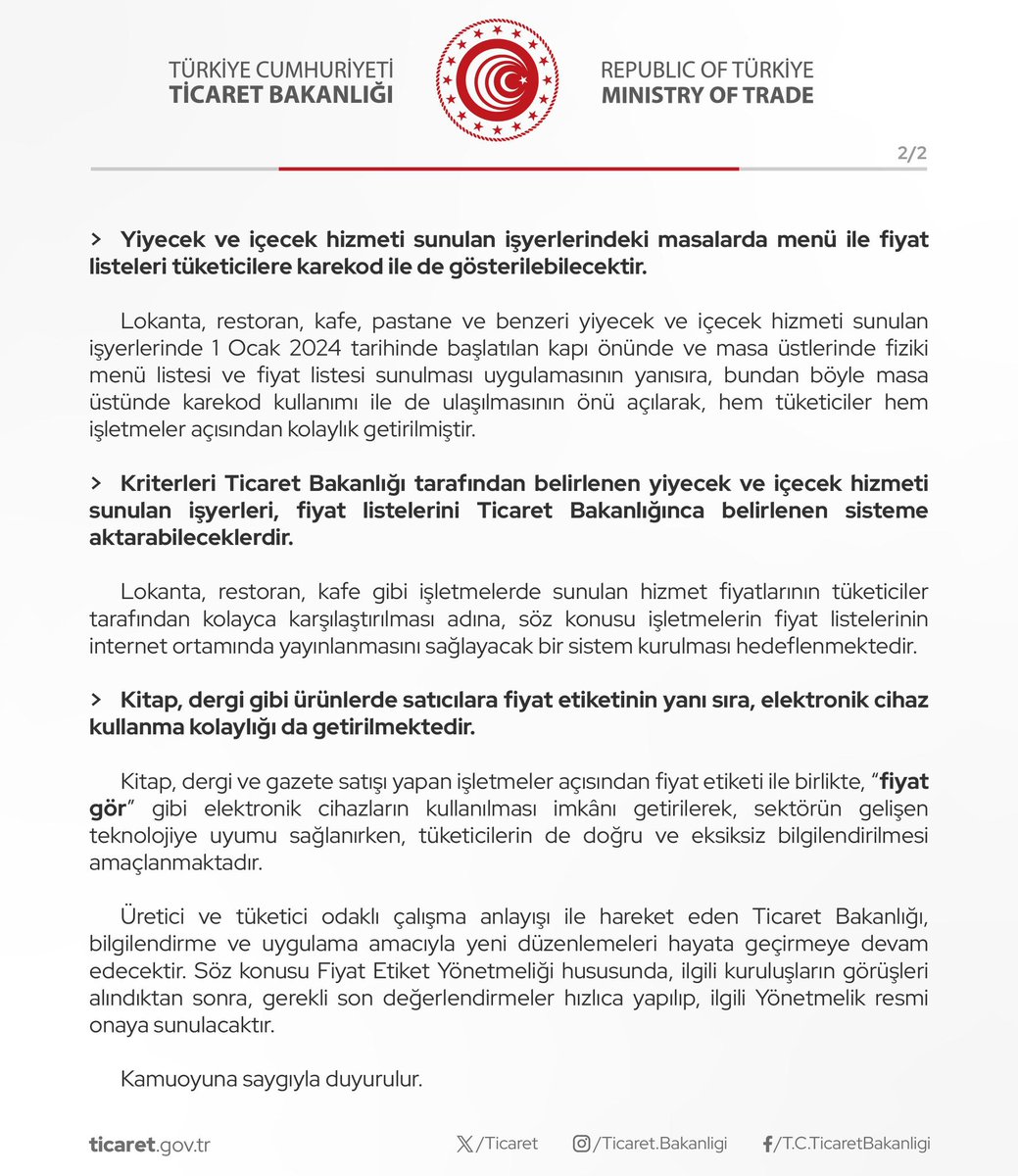 Ticaret Bakanlığı, Fiyat Etiketi Yönetmeliği’nde Tüketici Lehine Yeni Düzenlemeleri Hayata Geçiriyor

(17.07.2025)