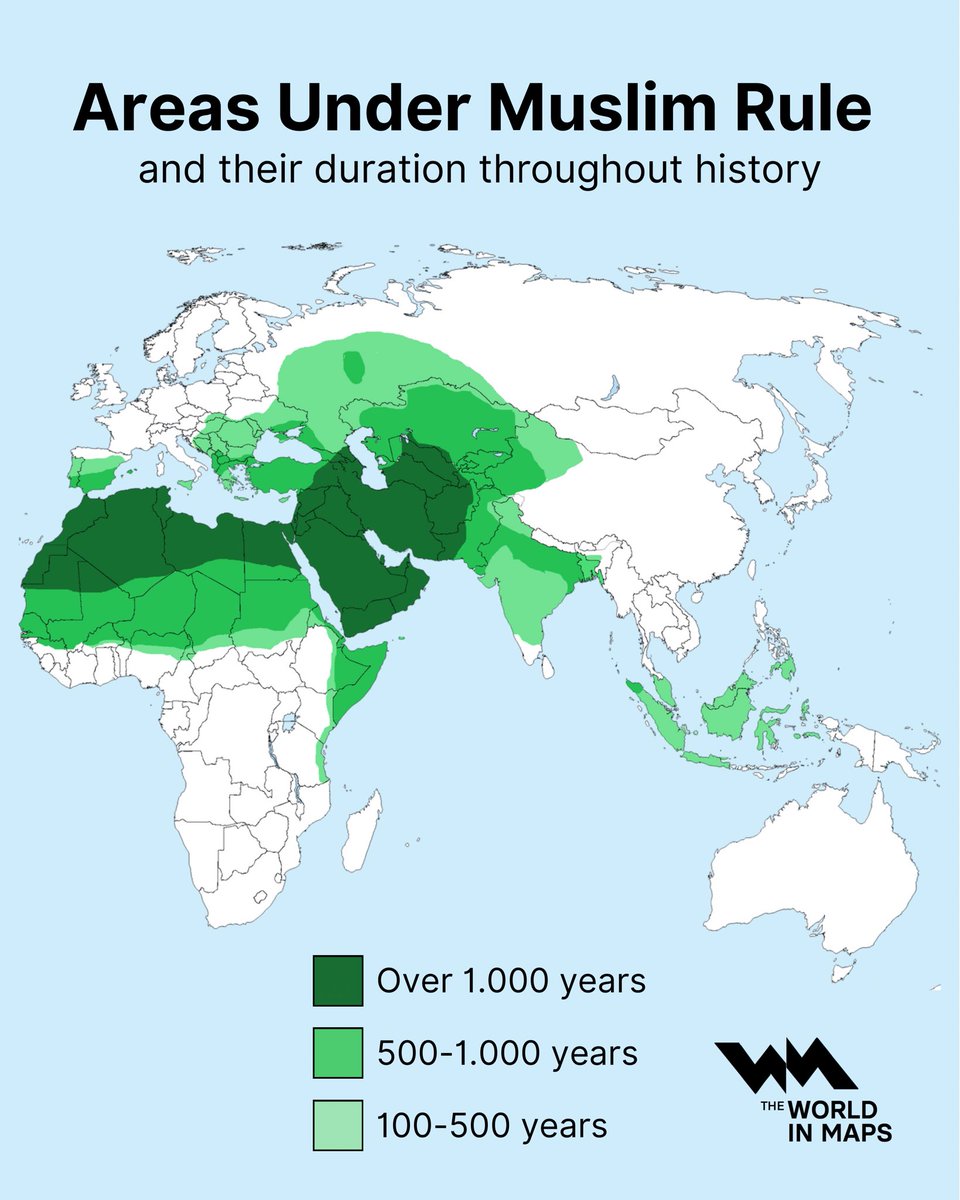 xruiztru's tweet image. Map shows the vast geographic reach and historical duration of Muslim rule around the world.