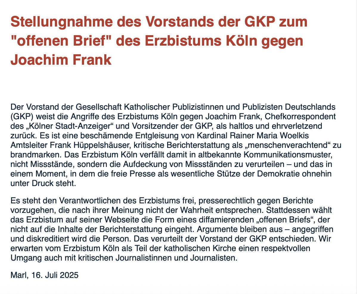 WolfgangFRothe's tweet image. Sehr gut!
Uneingeschränkte Zustimmung!
#Kirche #Katholisch #Deutschland #Köln #Kardinal #Erzbischof #Woelki #Missbrauch #Vertuschung #Missstände #Verantwortung #Öffentlichkeit #Medien #Presse #Pressefreiheit @Erzbistum_Koeln