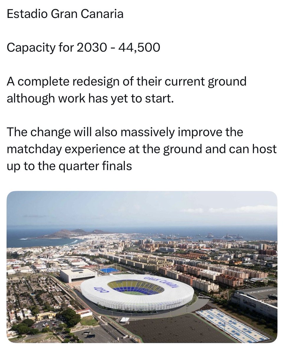 mbquane's tweet image. I’ve been to the Estadio Gran Canaria I personally prefer the present stadium.
With the Open roof it’s just more appealing with the warmer climate of the Canary Islands.
I do think the infrastructure needs improving around the stadium the world be beneficial to supporters. #UDLP