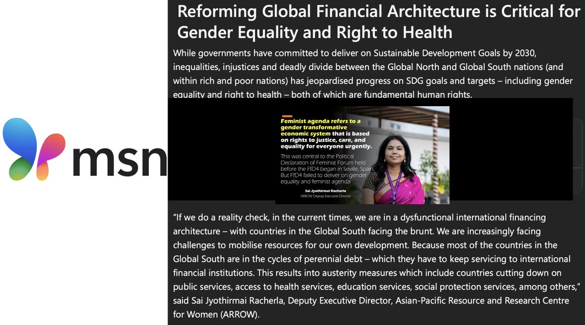 bobbyramakant's tweet image. #PublishedToday ✨Read insights from Sai of @ARROW_Women on why feminist agenda & gender equality must shape #FinancingForDevelopment & why #FfD4 failed to deliver on feminist agenda & SDGs
🌐 M S N
msn.com/en-us/money/ec…
🌐 C N S
citizen-news.org/2025/07/reform…
#ICFP2025 #HLPF2025