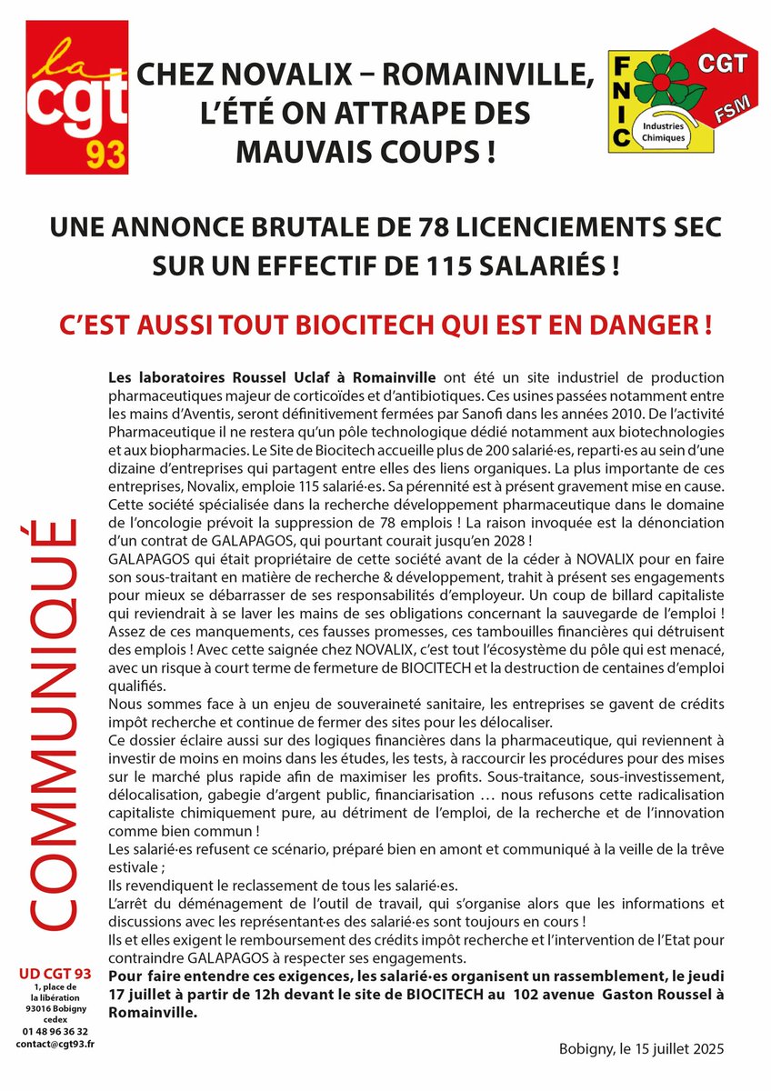 Les logiques financières, font de nouveaux de la casse sociale dans l’industrie du médicament. Un pôle de recherche développement risque de fermer ce qui menace 200 emplois. Les économies d’argent public elles sont là! Assez de l’assistanat du capital !