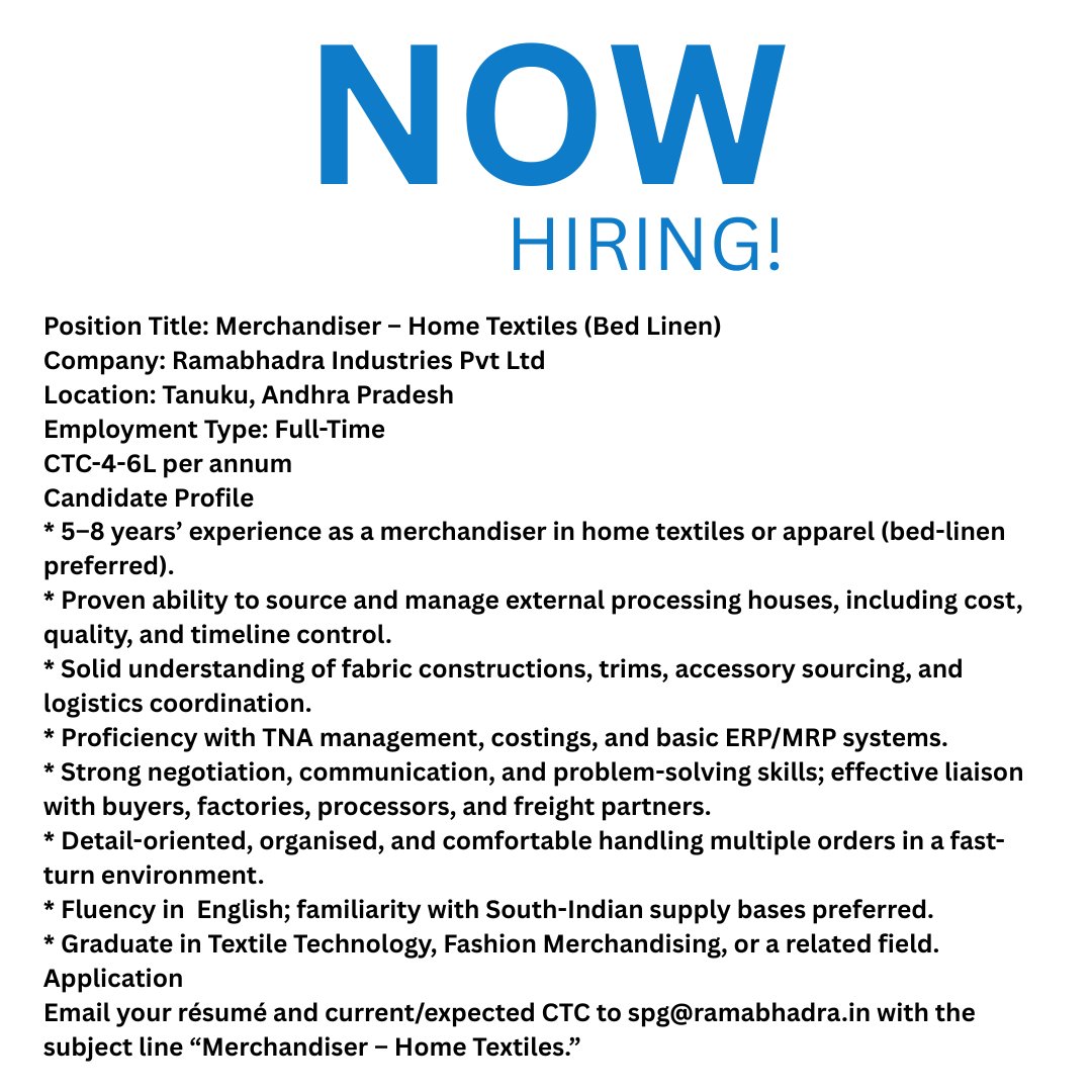 texappjobs's tweet image. kindly note, Don&apos;t pay any money to HR if not mentioned in job details

#KnitwearJob
#TextileJobOpening