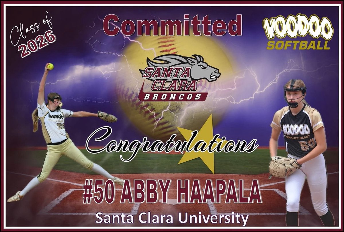 Congratulations to 2026 Pitcher Abby Haapala on her commitment to further her academic and softball career at Santa Clara University. We are proud of you and look forward to your bright future.