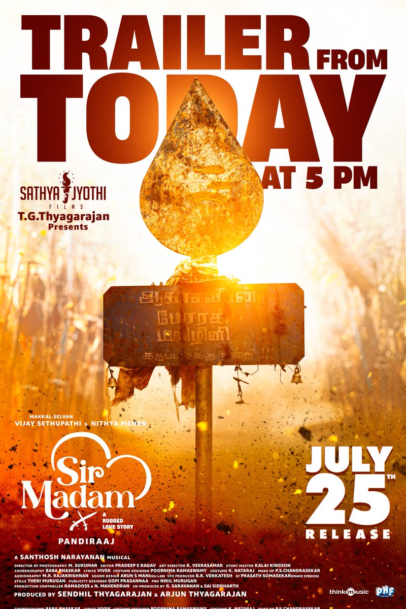 Sathya Jyothi Films (@sathyajyothi) on Twitter photo The much-awaited trailer of #ThalaivanThalaivii (Tamil) & #SirMadam (Telugu) dropping today 5 PM💥
<a href="/VijaySethuOffl/">VijaySethupathi</a> <a href="/MenenNithya/">Nithya Menen</a> <a href="/pandiraaj_dir/">Pandiraaj</a> <a href="/iYogiBabu/">Yogi Babu</a> <a href="/Music_Santhosh/">Santhosh Narayanan</a> <a href="/Lyricist_Vivek/">Vivek</a> <a href="/thinkmusicindia/">Think Music</a> <a href="/studio9_suresh/">RK SURESH</a> <a href="/Roshni_offl/">Roshni Haripriyan</a> <a href="/kaaliactor/">Kaali Venkat</a> <a href="/MynaNandhini/">Nandhini Myna</a> <a href="/ActorMuthukumar/">Muthukumar</a> The much-awaited trailer of #ThalaivanThalaivii (Tamil) & #SirMadam (Telugu) dropping today 5 PM💥
<a href="/VijaySethuOffl/">VijaySethupathi</a> <a href="/MenenNithya/">Nithya Menen</a> <a href="/pandiraaj_dir/">Pandiraaj</a> <a href="/iYogiBabu/">Yogi Babu</a> <a href="/Music_Santhosh/">Santhosh Narayanan</a> <a href="/Lyricist_Vivek/">Vivek</a> <a href="/thinkmusicindia/">Think Music</a> <a href="/studio9_suresh/">RK SURESH</a> <a href="/Roshni_offl/">Roshni Haripriyan</a> <a href="/kaaliactor/">Kaali Venkat</a> <a href="/MynaNandhini/">Nandhini Myna</a> <a href="/ActorMuthukumar/">Muthukumar</a>