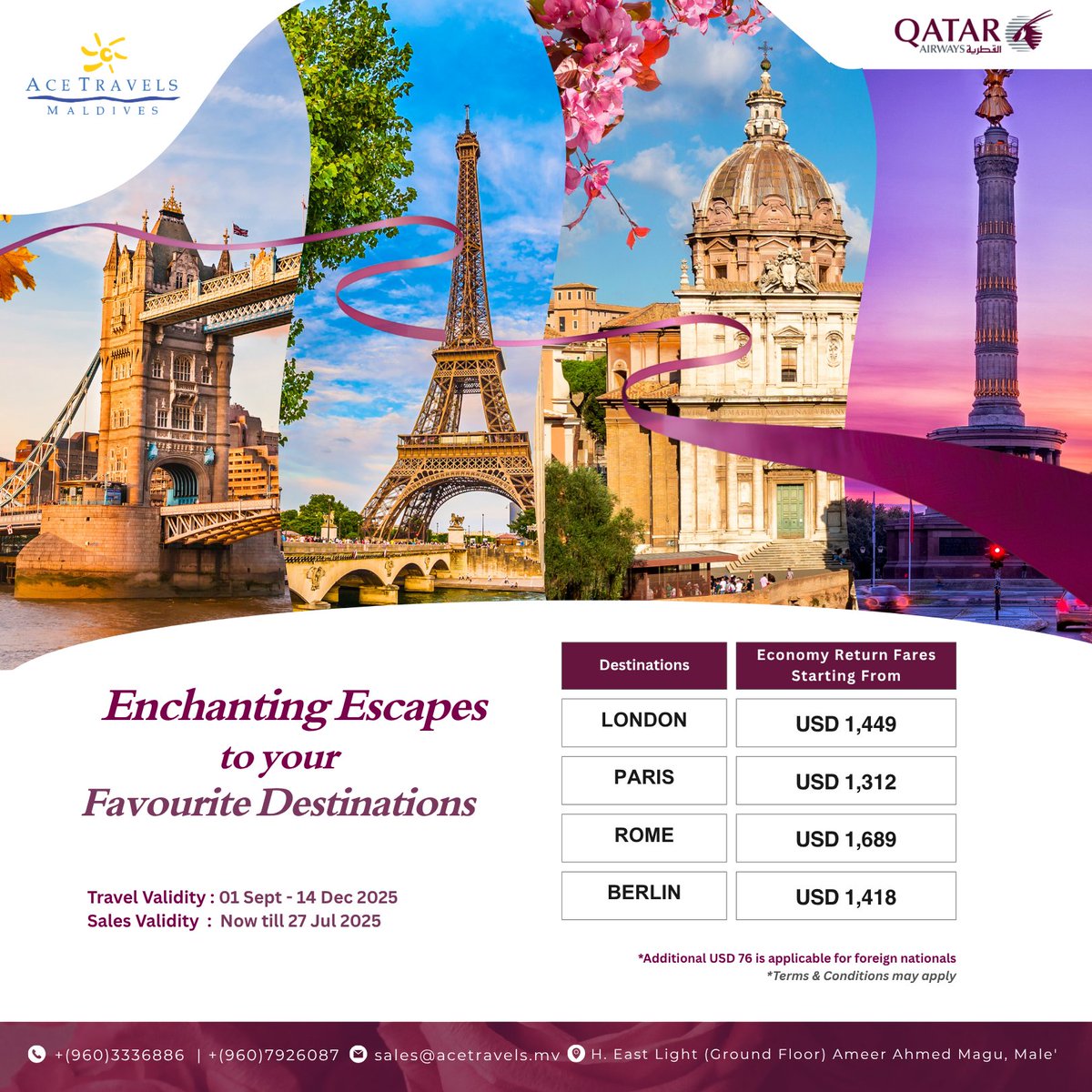Live an extraordinary experience as Qatar Airways take you to Europe. Wander through history with scenic beauty. Explore Europe with Qatar airways✨

✨You can reach us on Whatsapp/Viber +(960)7926087 |+(960)3336886.

#FlyAceFly #AcetravelsMaldives #QatarAirways