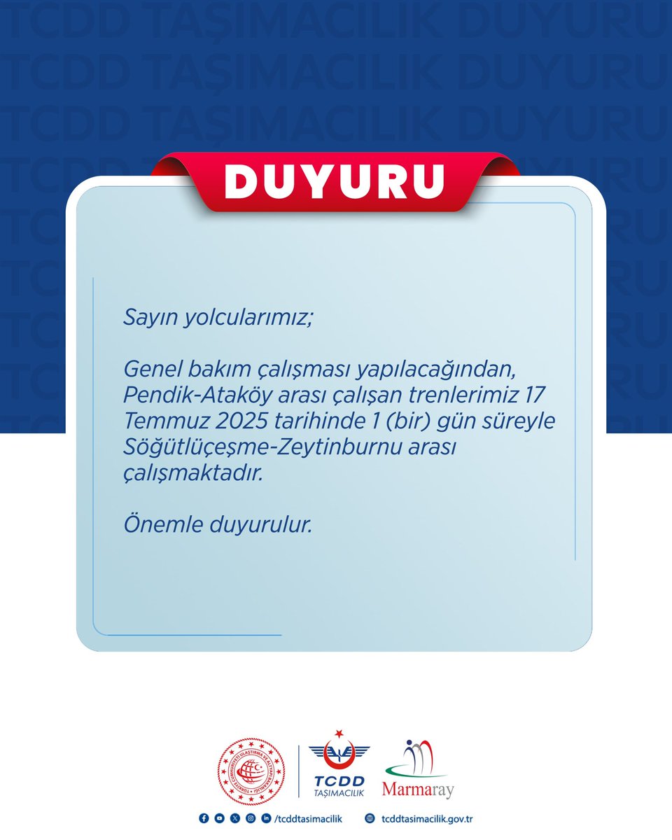 Sayın yolcularımız;

Genel bakım çalışması yapılacağından, Pendik-Ataköy arası çalışan trenlerimiz 17 Temmuz 2025 tarihinde 1 (bir) gün süreyle Söğütlüçeşme-Zeytinburnu arası çalışmaktadır.

Önemle duyurulur.