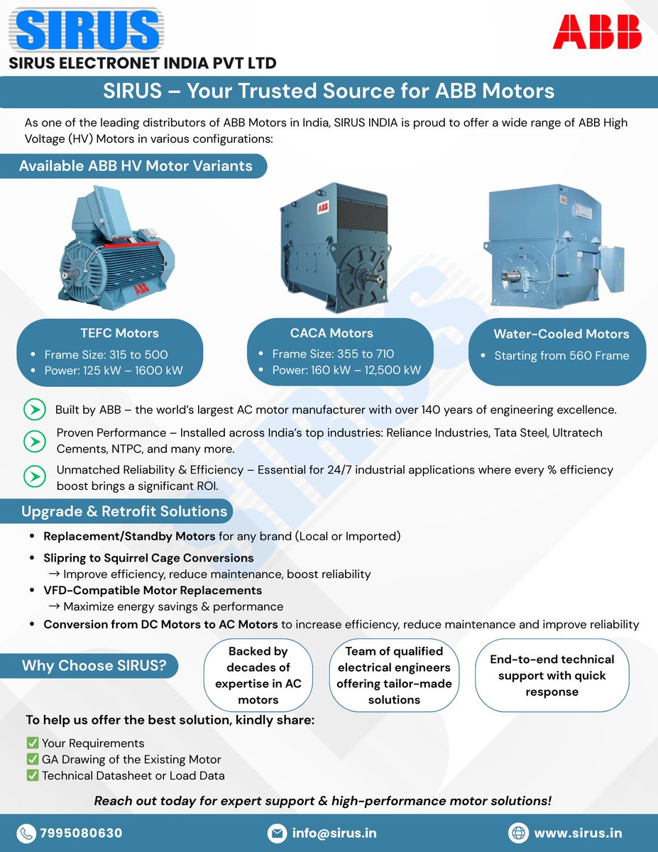 Siruselectronet's tweet image. SIRUS INDIA proudly offers a wide range of @ABBIndia  High Voltage Motors – trusted by top industries for unmatched reliability, efficiency &amp;amp; performance.

🌐 sirus.in 
📩 info@sirus.in

#ABBMotors #HVMotors #IndustrialMotors #Sirus #siruselectronet