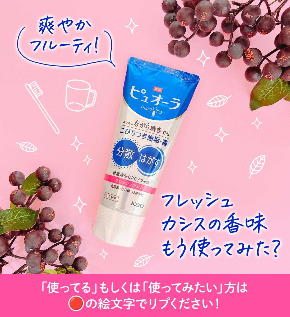 7/23は「カシスの日」とのことで、「ピュオーラ ハミガキ」のフレッシュカシスの香味を置いておきます！ 
僕は爽やかでフルーティな香りも好みなので、歯磨きがより楽しい時間になりました😊
皆さん、フレッシュカシスの香味はもうお使いですか？これから使ってみたい方も🔴の絵文字でリプください。