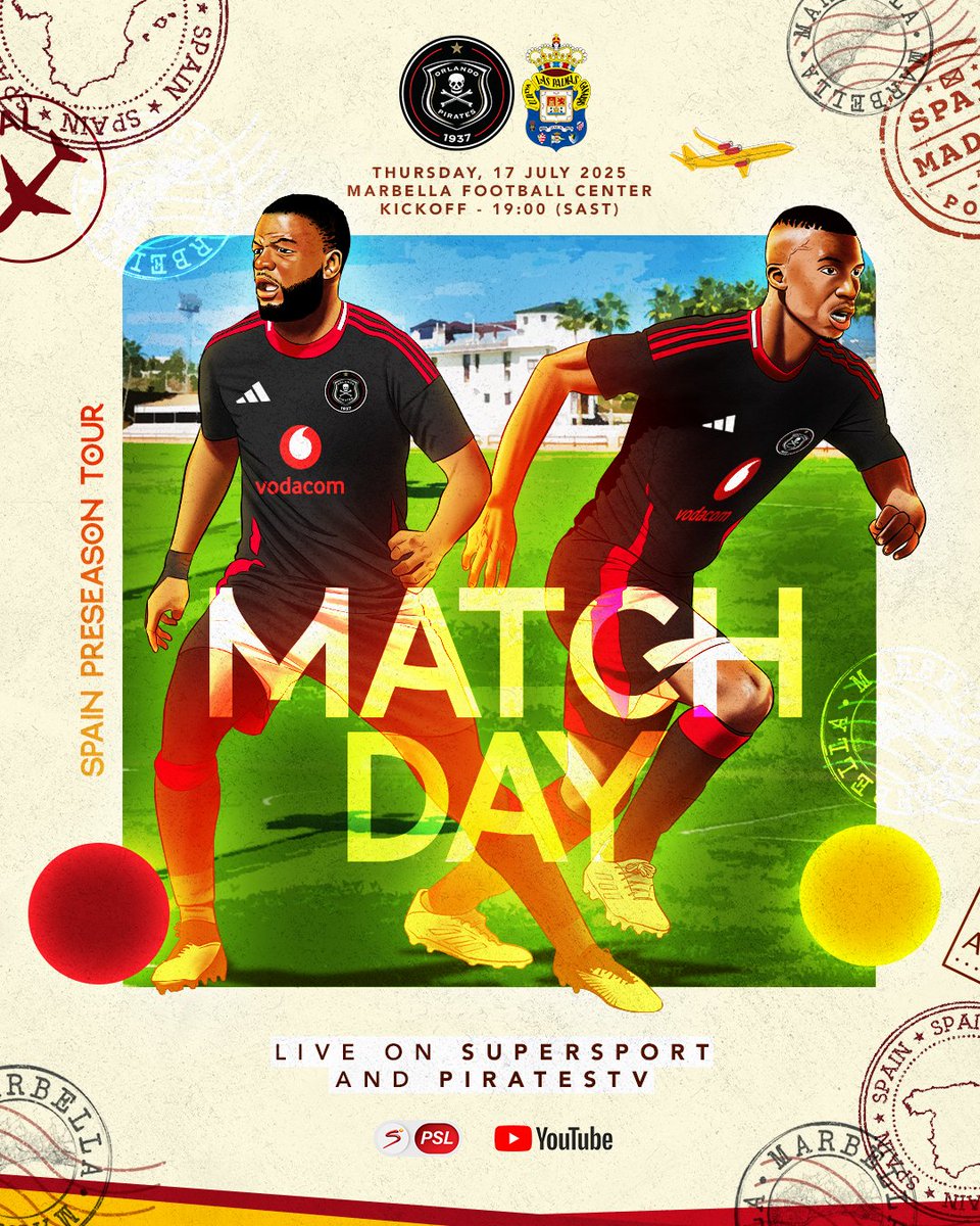 Orlando Pirates (@orlandopirates) on Twitter photo โชโซ๏ธ๐๐๐๐๐_๐๐๐โ ๏ธ
๐ค๐ฟ PRE-SEASON FRIENDLY MD3 ๐ช๐ธ
๐ <a href="/UDLP_Oficial/">UD Las Palmas</a>
๐ 17 July 2025
โฐ 19:00
๐ <a href="/MarbellaFCenter/">Marbella Football Center</a>
๐บ <a href="/SuperSportTV/">SuperSport ๐</a> 202
๐บ Pirates TV
โซโช๐ดโญ
#OrlandoPirates
#OnceAlways โชโซ๏ธ๐๐๐๐๐_๐๐๐โ ๏ธ
๐ค๐ฟ PRE-SEASON FRIENDLY MD3 ๐ช๐ธ
๐ <a href="/UDLP_Oficial/">UD Las Palmas</a>
๐ 17 July 2025
โฐ 19:00
๐ <a href="/MarbellaFCenter/">Marbella Football Center</a>
๐บ <a href="/SuperSportTV/">SuperSport ๐</a> 202
๐บ Pirates TV
โซโช๐ดโญ
#OrlandoPirates
#OnceAlways