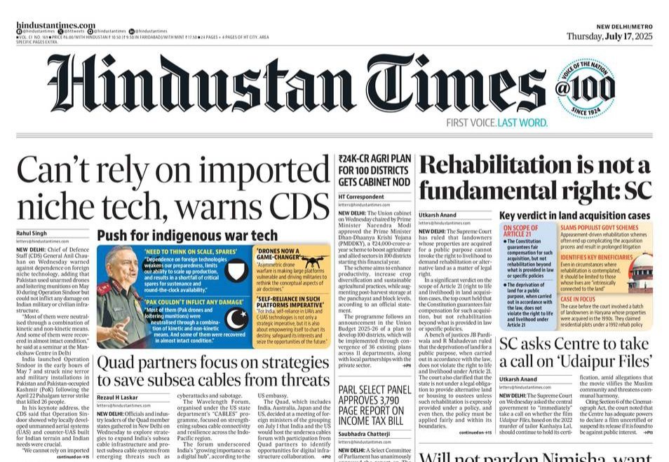 rahulsinghx's tweet image. &quot;Dependence on foreign technologies weakens our preparedness, limits our ability to scale up production, and results in a shortfall of critical spares for sustenance and round-the-clock availability.&quot;
hindustantimes.com/india-news/can…
