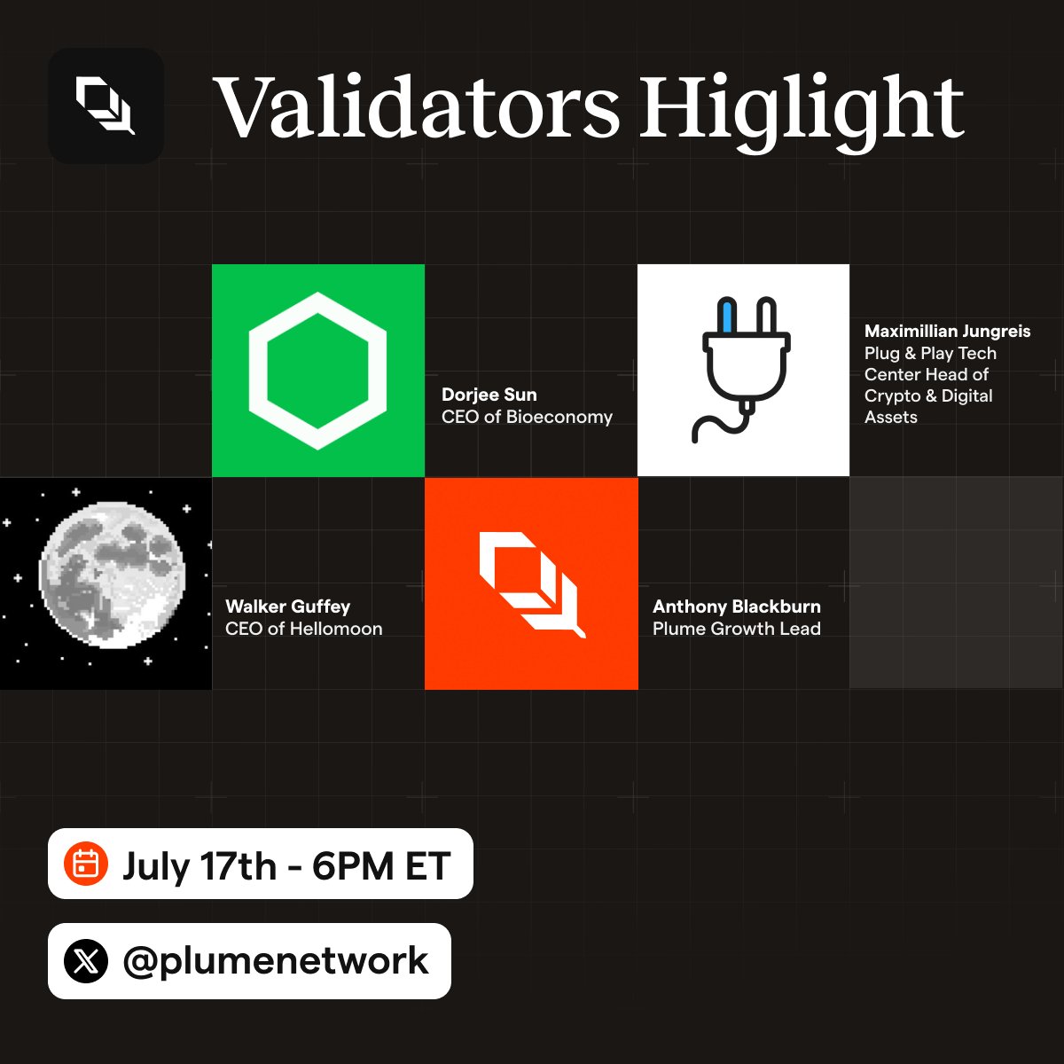 Plume (@plumenetwork) on Twitter photo Behind every chain, there’s infrastructure you can’t see.
Join <a href="/HelloMoon_io/">Hello Moon</a>, <a href="/bioeconomy_co/">Bioeconomy</a>, and <a href="/MaxWolf__/">Maximillian Jungreis || jungreis.eth</a> from Plug & Play in this space as we discuss how our validators secure, scale, and shape the future of RWAfi.
🪶 Hosted by <a href="/0xCrabLegs/">CrabLegs 🦀</a>
Set your reminder ⬇️ Behind every chain, there’s infrastructure you can’t see.
Join <a href="/HelloMoon_io/">Hello Moon</a>, <a href="/bioeconomy_co/">Bioeconomy</a>, and <a href="/MaxWolf__/">Maximillian Jungreis || jungreis.eth</a> from Plug & Play in this space as we discuss how our validators secure, scale, and shape the future of RWAfi.
🪶 Hosted by <a href="/0xCrabLegs/">CrabLegs 🦀</a>
Set your reminder ⬇️