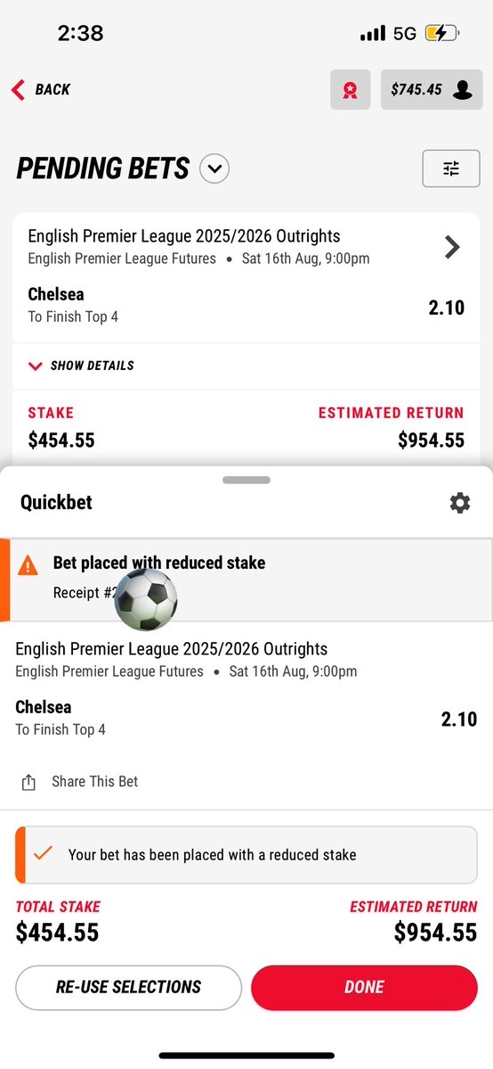 cfc_wright's tweet image. Attempted to put $1200 on Chelsea to finish top 4 at 2.10 on @pointsbetcomau but they rejected $745 of the stake and immediately dropped the odds to 1.70.
Weak move, terrible look for a company that makes millions a month. @sportsbetcomau would never.