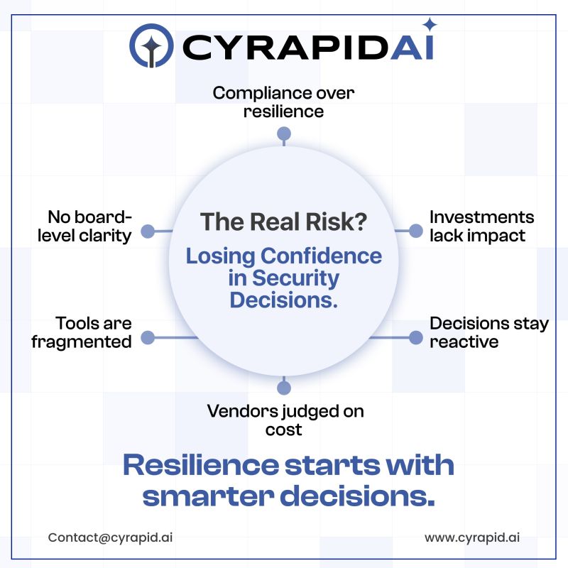 CYRAPID_GenAI's tweet image. Cyber risk isn’t just about threats — it’s about confidence in decisions.

Smarter, faster decisions drive resilience. Reactive ones erode trust.

Lead with clarity. No doubt.

#CyberRisk #RiskManagement #CISO #InfoSec #CYRAPIDAI #TPRM