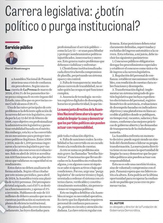 Les comparto este artículo de mi autoría, publicado hoy en la <a href="/prensacom/">La Prensa Panamá</a> 
“Carrera legislativa: ¿botín político o purga institucional?”
Una reflexión sobre la urgencia de transformar el servicio legislativo y recuperar la confianza ciudadana. <a href="/asambleapa/">Asamblea Nacional</a>