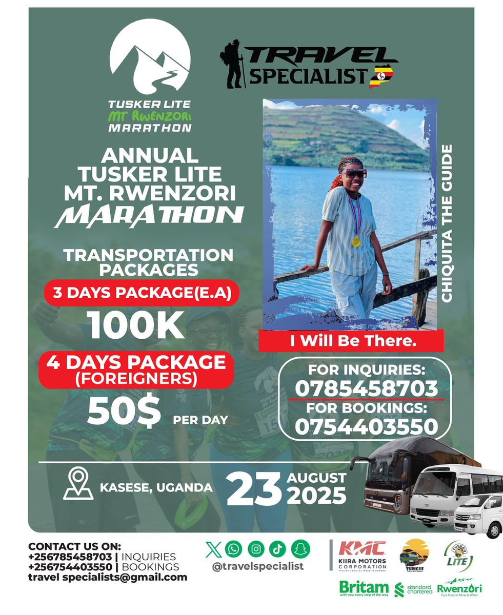 Book your transport in advance for better preparation. Travel Specialist is the official transport partner for the Tusker Lite Rwenzori Marathon. 

Plan ahead and secure your ride
#TuskerLiteRwenzoriMarathon