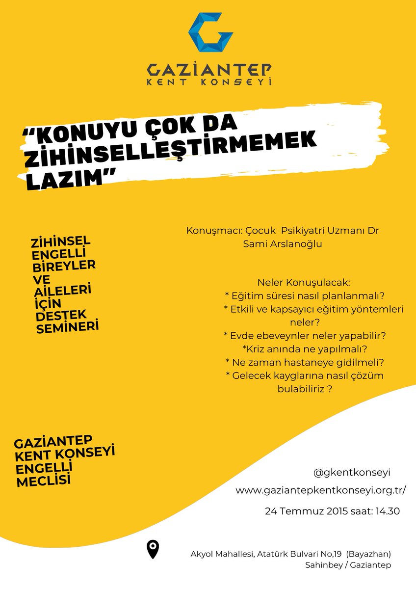 GaziantepKentKonseyi (@gkentkonseyi) on Twitter photo #gaziantepkentkonseyi Engelli Meclisi'nce düzenlenen ve Çocuk Psikiyatri Uzmanı Dr. Sami Arslanoğlu'nun konuşmacı olarak katılacağı zihinsel engelli bireyler ve aileleri destek seminerimize, tüm halkımız davetlidir. #Gaziantep #engelli #aile
<a href="/erdemguzelbey/">erdemguzelbey</a>
<a href="/06Baskan27/">Çağlayan ERDAL</a> #gaziantepkentkonseyi Engelli Meclisi'nce düzenlenen ve Çocuk Psikiyatri Uzmanı Dr. Sami Arslanoğlu'nun konuşmacı olarak katılacağı zihinsel engelli bireyler ve aileleri destek seminerimize, tüm halkımız davetlidir. #Gaziantep #engelli #aile
<a href="/erdemguzelbey/">erdemguzelbey</a>
<a href="/06Baskan27/">Çağlayan ERDAL</a>