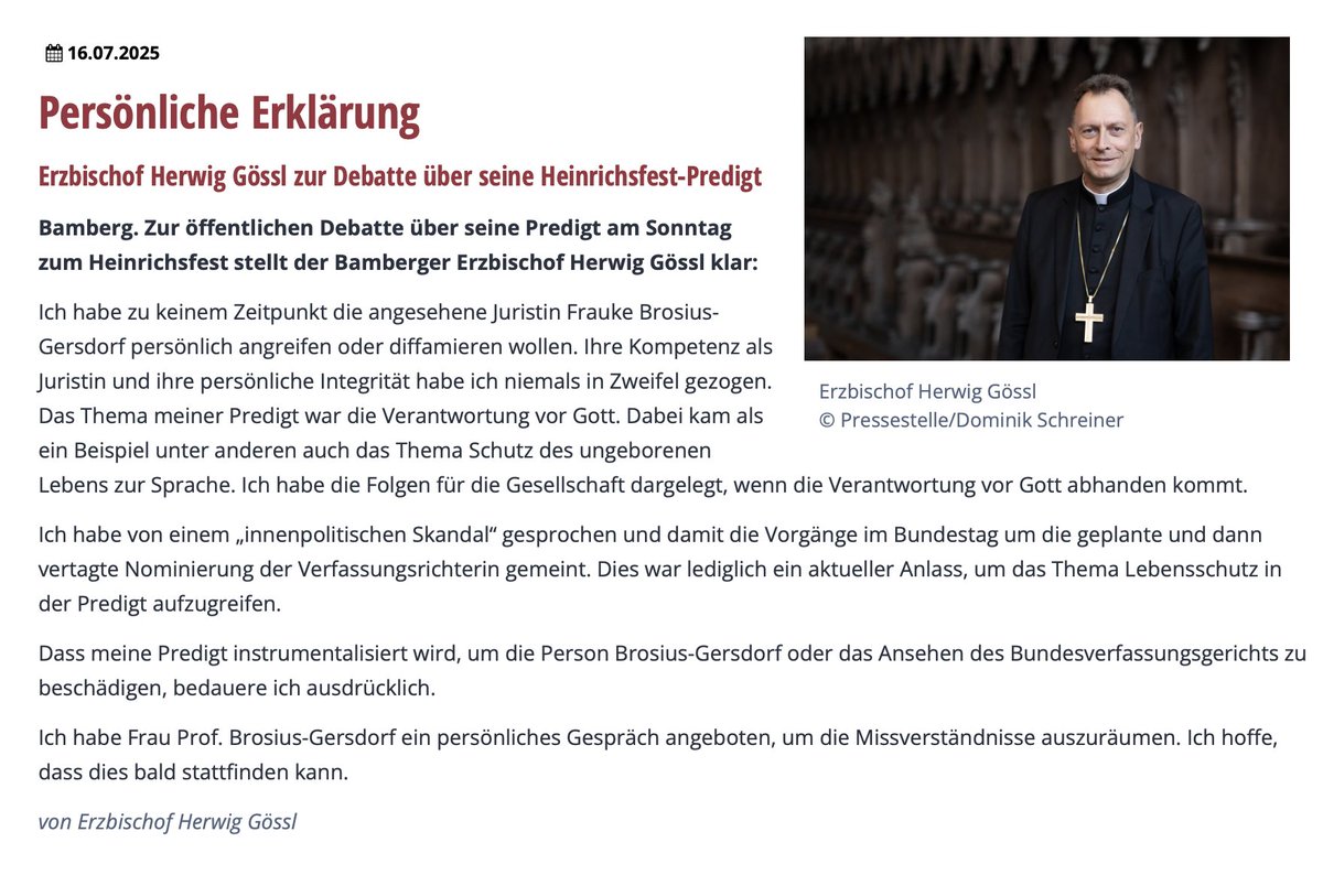WolfgangFRothe's tweet image. Erzbischof Gössl hat einen Fehler begangen: Er ist auf eine rechte Kampagne hereingefallen.
Umso wichtiger ist es, dass er nun klarstellt, was er tatsächlich gemeint hat und das Gespräch sucht.
Jetzt fehlt bloß noch eine formelle Entschuldigung.
#Kirche #Katholisch #Abtreibung