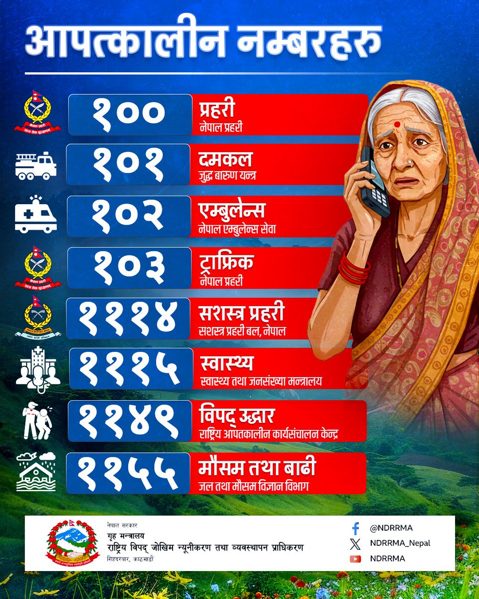 NDRRMA_Nepal's tweet image. यी आपत्कालीन नम्बरहरु कण्ठ गरेर राख्नुहोस् हैं, आपद्विपद्मा काम आउछ।
#monsoon2082 #emergencynumbers #disaster