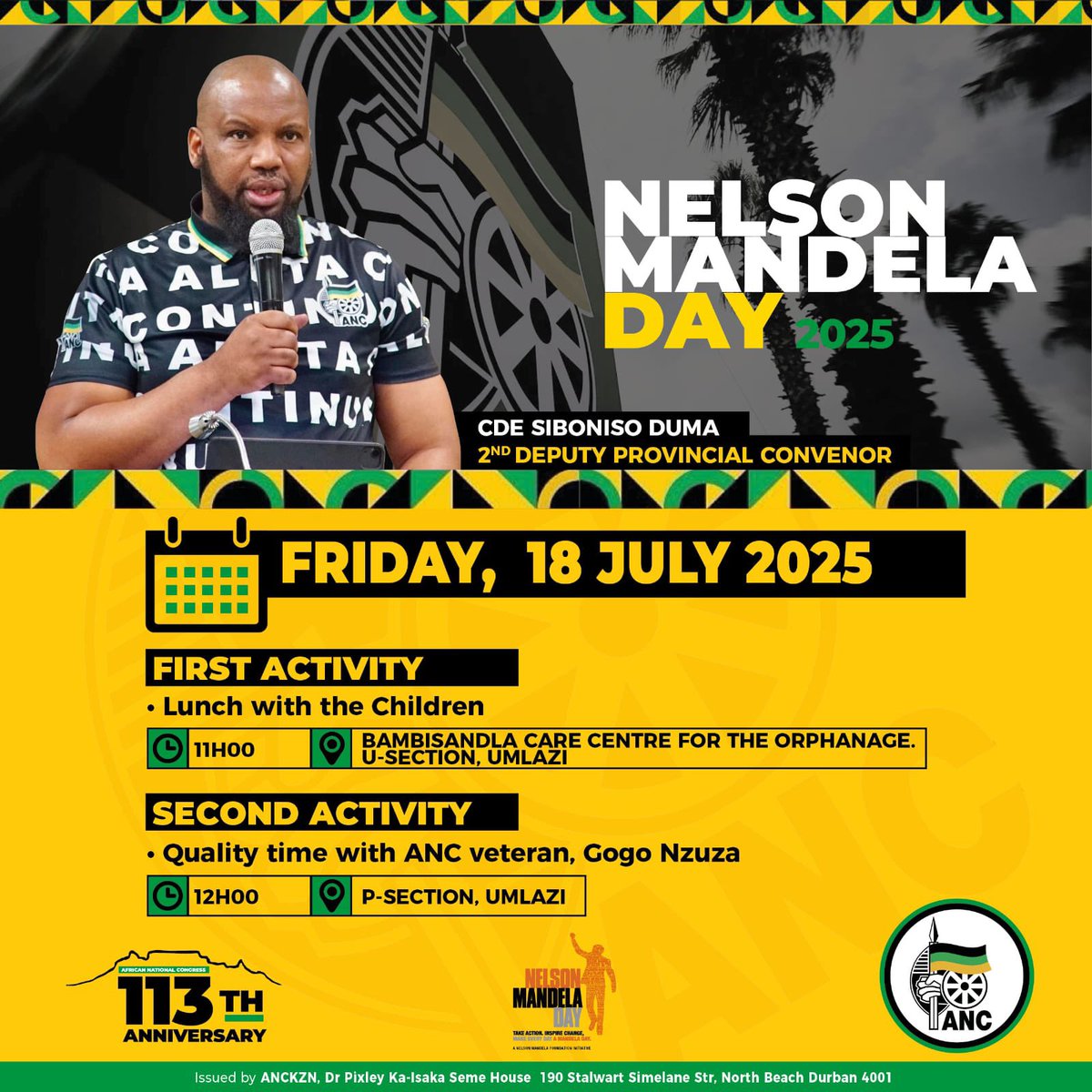 ANCKZN's tweet image. Nelson Mandela Day: The ANC in KwaZulu-Natal will tomorrow reflect on the life of Madiba.
Our leaders and volunteers will spend 67 minutes promoting the spirit of Madiba. Importantly, we will ensure each community member finds comfort in the ANC.
The ANC KZN 2nd Deputy…
