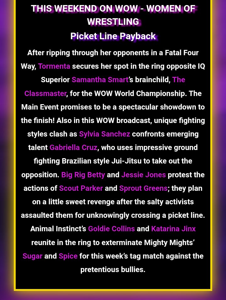 TPRfriends's tweet image. I'm driving a gazillion miles to see @ThisIsTNA Slammiversary this weekend. Not sure when I will get to see @goldiec_wow destroy the Mighty Mites on WOW-iversary... If I don't see it 'live'... I'm Youtubing it on the
@wowsuperheroes page.
AI, slay.
#Woofpack🐩🐩🐩