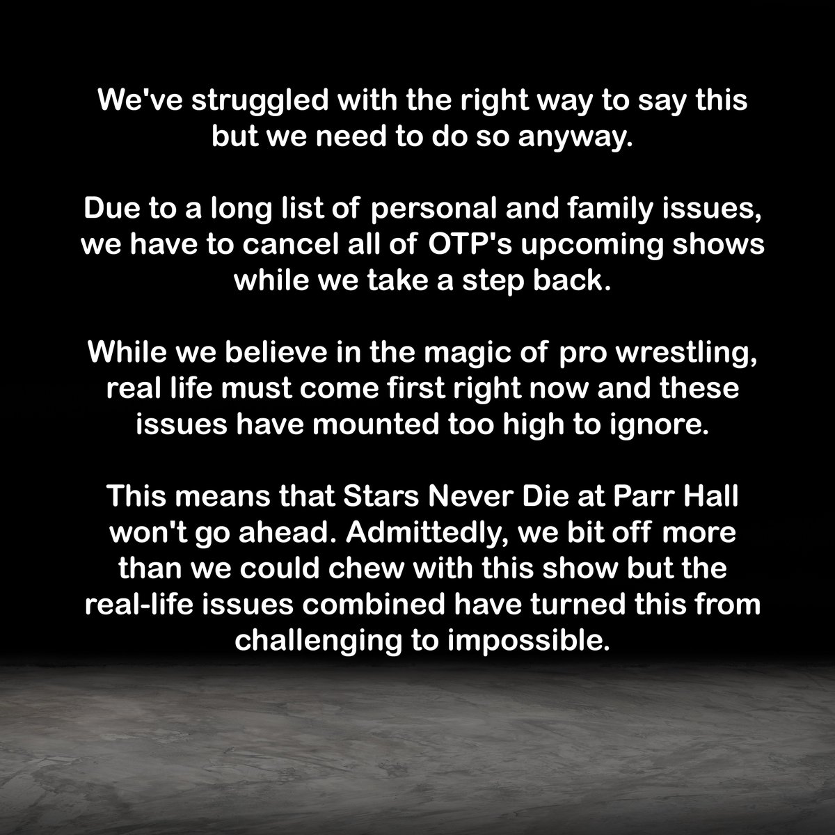 OffThePage_WP's tweet image. An important statement on the future of OTP.
After a difficult time personally and professionally, we've struggled to find the right words, but they are below. Please read.
Any questions on outstanding tickets, please contact Real Rasslin at realrasslin@gmail.com