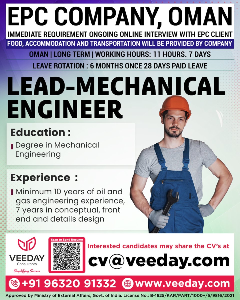 EPC Company, OMAN
IMMEDIATE REQUIREMENT ONGOING ONLINE INTERVIEW WITH EPC CLIENT

#OmanJobs #EPCJobs #LeadMechanicalEngineer 
#OilAndGasJobs #EngineeringJobs #ImmediateHiring 
#MechanicalEngineering #MiddleEastJobs #VeedayHiring 
#LongTermJobs #JobAlert