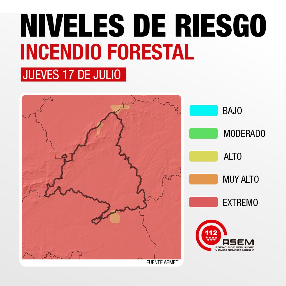 112 Comunidad de Madrid (@112cmadrid) on Twitter photo Atención...
🗺️ Mapa de riesgo de incendios forestales.
🔴 Nivel: Extremo.
🗓️ Jueves 17 de julio.
🚩 Máxima precaución.
Fuente: <a href="/AEMET_Madrid/">AEMET_Madrid</a>.
#INFOMA25
#STOPincendios
#IIFF
#ASEM112 Atención...
🗺️ Mapa de riesgo de incendios forestales.
🔴 Nivel: Extremo.
🗓️ Jueves 17 de julio.
🚩 Máxima precaución.
Fuente: <a href="/AEMET_Madrid/">AEMET_Madrid</a>.
#INFOMA25
#STOPincendios
#IIFF
#ASEM112