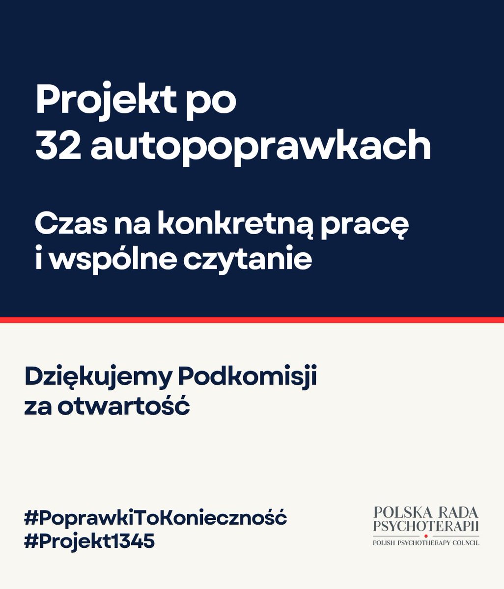 To moment na wspólną refleksję nad tym, jak powinny wyglądać przepisy regulujące #zawódpsychoterapeuta 

Projekt po autopoprawkach: prp.org.pl/projekt-1345-a… 

<a href="/MGolbik/">Marta Golbik</a> <a href="/Napieralski_G/">Grzegorz Napieralski</a> <a href="/jciesz/">Janusz Cieszyński</a> <a href="/glorekposel/">Grzegorz Lorek</a> <a href="/NPietrykowski50/">Norbert Pietrykowski</a> <a href="/jolantazieba/">Jolanta Zieba-Gzik</a> <a href="/lubczyk_radek/">Radosław Lubczyk</a> <a href="/aK_Sojka/">Katarzyna Sójka</a> <a href="/mmzawisza/">Marcelina Zawisza #PartiaRazem</a>