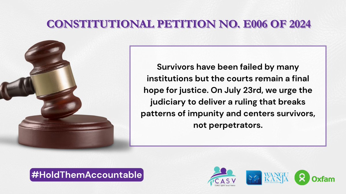 Coalition Against Sexual Violence (@coalitionagsv) on Twitter photo Survivors have endured institutional neglect at every turn but the <a href="/Kenyajudiciary/">The Judiciary Kenya</a> remains a final beacon of hope. As judgment is delivered on July 23rd, we call on the courts to reject impunity and affirm a future where justice uplifts survivors.
#HoldThemAccountable Survivors have endured institutional neglect at every turn but the <a href="/Kenyajudiciary/">The Judiciary Kenya</a> remains a final beacon of hope. As judgment is delivered on July 23rd, we call on the courts to reject impunity and affirm a future where justice uplifts survivors.
#HoldThemAccountable