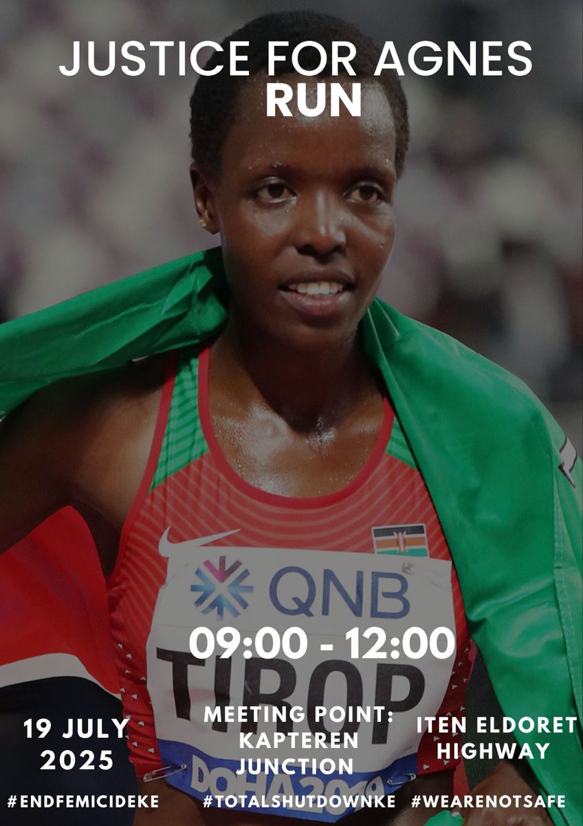 On July 19, we run for Agnes Tirop.
Her case is scheduled for July 23.
We run to honour her, to demand justice, and to raise our voices against GBV and femicide in athletics.
#JusticeForAgnesTirop #RunForAgnes #EndFemicideKE #TotalShutDownKE #WeAreNotSafe