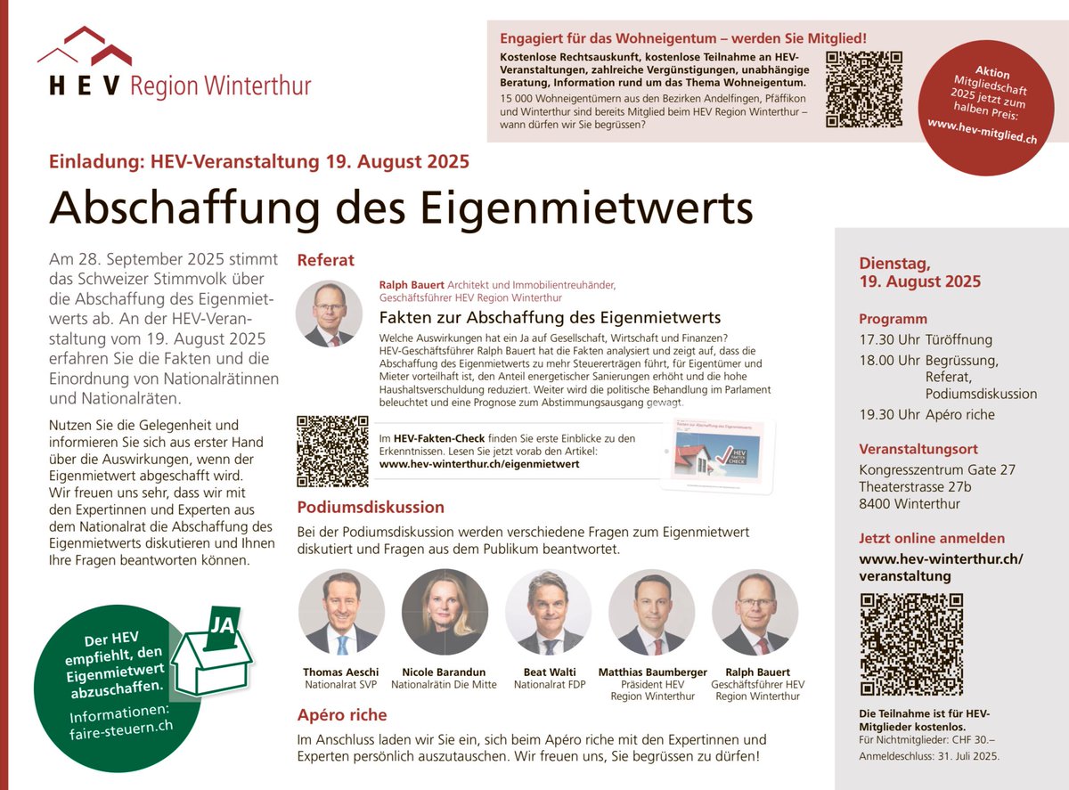 HEVWinterthur's tweet image. Am 19.8.25 informiert HEV-Geschäftsführer @ralphbauert über die Fakten beim #Eigenmietwert, anschliessend diskutieren die Nationalräte @thomas_aeschi, @nicolebarandun und Beat Walti sowie HEV-Präsident Matthias Baumberger und Ralph Bauert: hev-winterthur.ch/veranstaltung-…