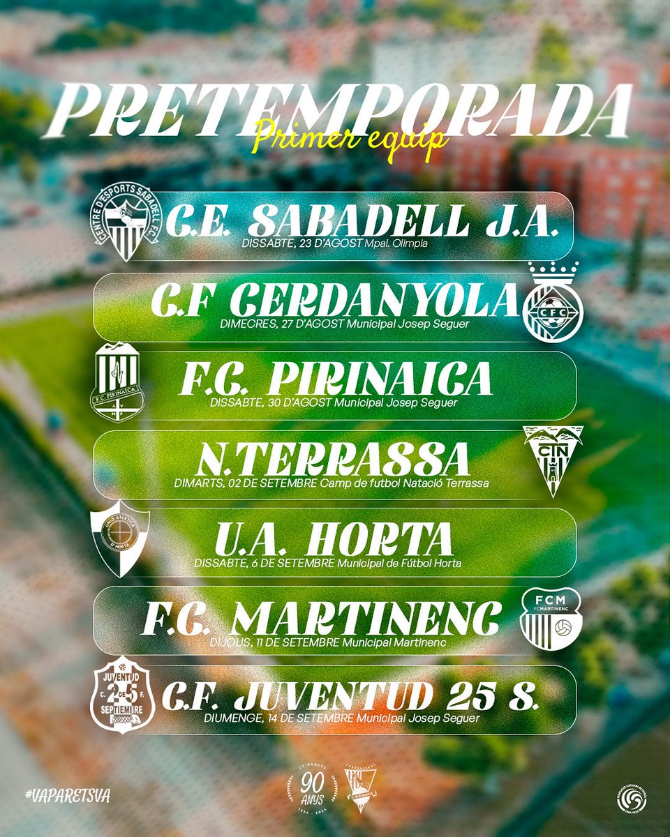 📅𝐏𝐑𝐄𝐓𝐄𝐌𝐏𝐎𝐑𝐀𝐃𝐀 𝟐𝟓-𝟐𝟔

Ja estan definits els partits amistosos de preparació per a la temporada 2025-2026. Els enfrontaments es disputaran entre el 23 d’agost i el 14 de setembre.

ℹ️ Seguirem informant sobre horaris  a través dels nostres canals habituals.

#1cat1