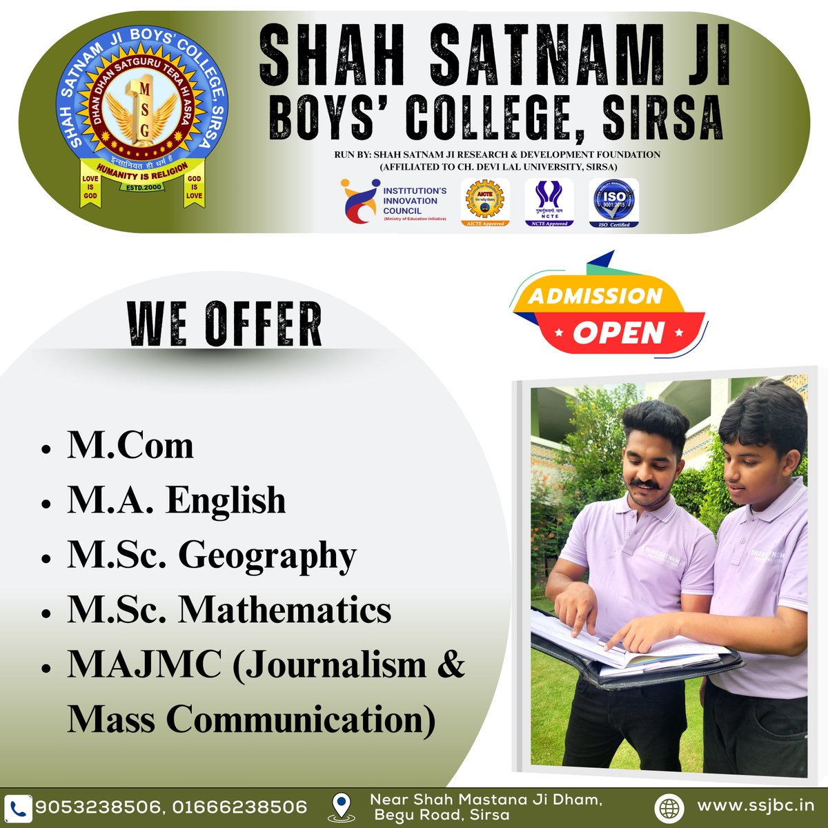 ssjboyscollege's tweet image. &quot;Hurry Up!&quot; and apply today!

&quot;Great news! Admissions are still open at Shah Satnam Ji Boys’ College. For more details on eligibility and the application process, please contact the college administration or visit ssjbc.in

#ssjbc #professionalcourses #ApplyNow