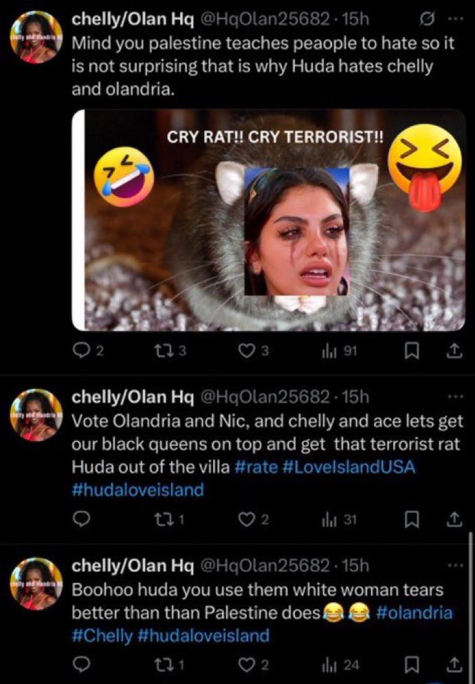 This is getting out of hand!!!!!!
This is scaryyyy!!!!!!! hating a Palestinian woman to this point is crazyyy
And Racism at its peak!!!!
#loveIslandUSA