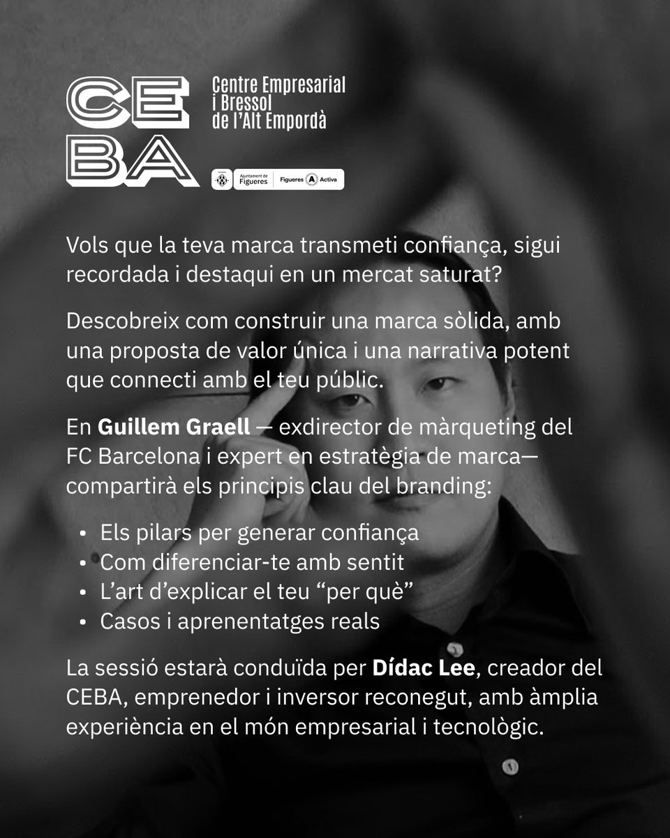 ➡️ Vols construir una marca amb valor?

🗣️ Sessió del projecte CEBA amb l’emprenedor i inversor tecnològic <a href="/DidacLee/">Dídac</a> i Guillem Graell (ex <a href="/FCBarcelona_cat/">FC Barcelona</a>) 
📅 Divendres 25 de juliol
🕐 19 h
📍 Sala d'actes de FISERSA (C/ Alemanya 5)
🆓 Entrada lliure

#Figueres #FigueresActiva