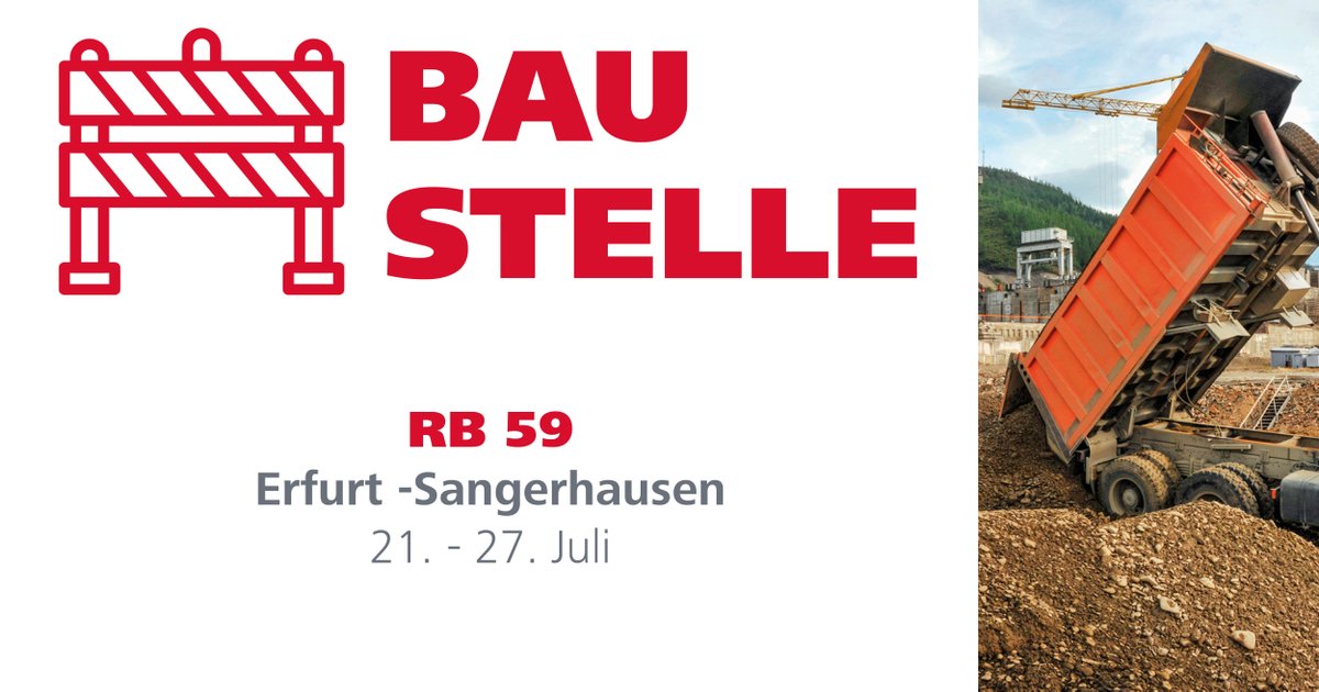 Wegen Bauarbeiten der #DB fahren vom 21. - 27.7. keine Züge der #RB59 zwischen #Erfurt und #Sangerhausen. Es fahren Busse im #SEV, #Griefstedt wird mit Taxipendelverkehr nach Sömmerda angebunden.