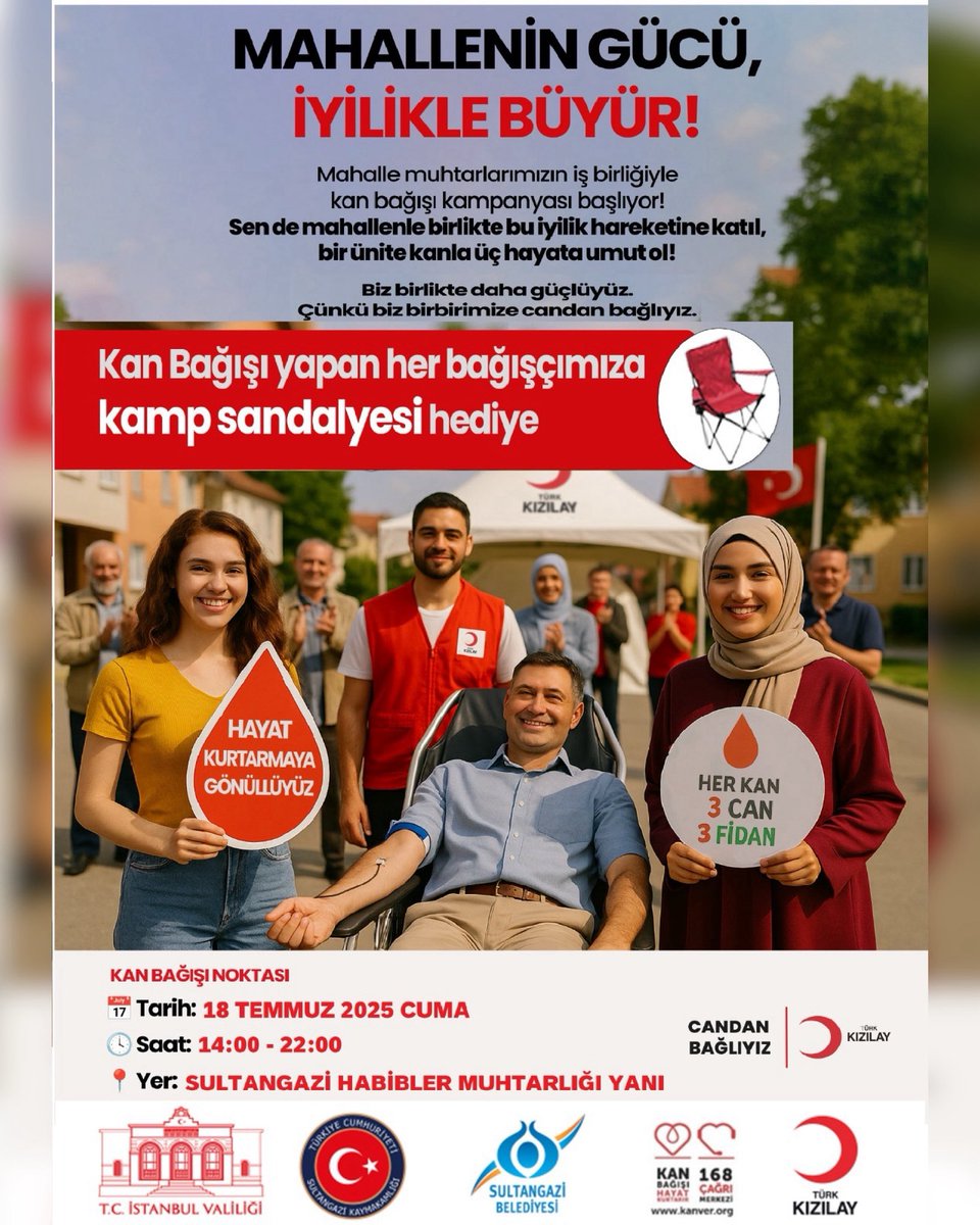 Birlikte daha güçlü, birlikte daha umut doluyuz!

Bir ünite kan, üç cana hayat demek. 🩸

🗓️ 18 Temmuz Cuma
🕑 14.00 - 22.00
📍 Eski Habipler Muhtarlığı Yanı

Haydi mahallece el ele verelim, iyiliği çoğaltalım! ❤️